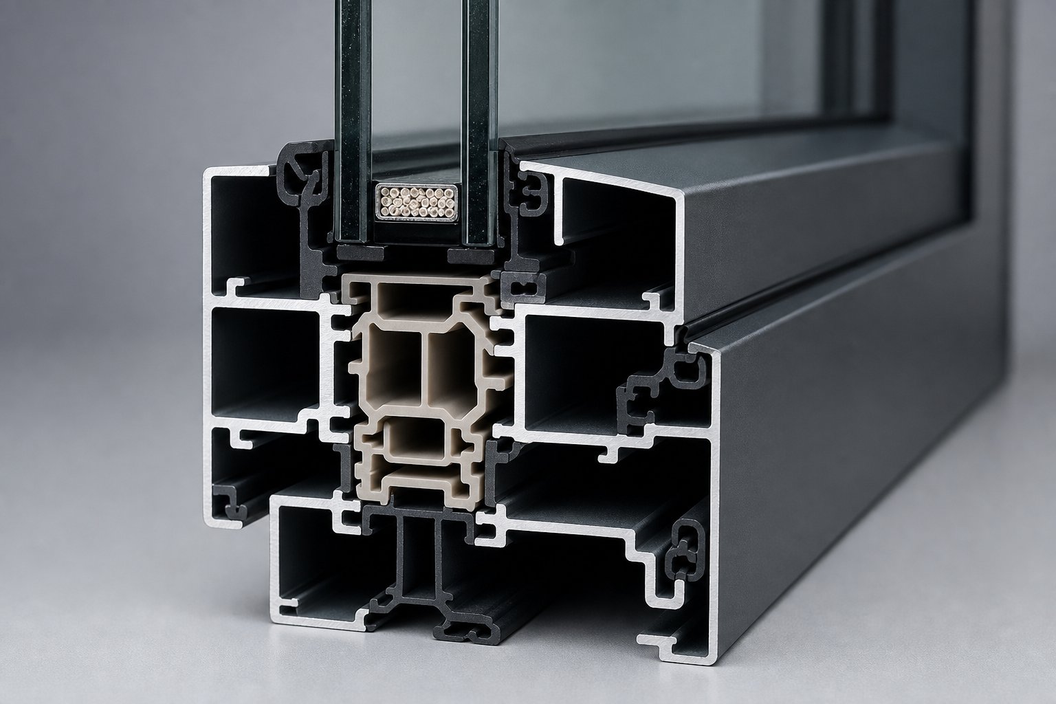 polyamide thermal break within an aluminium profile separates interior and exterior thermal zones