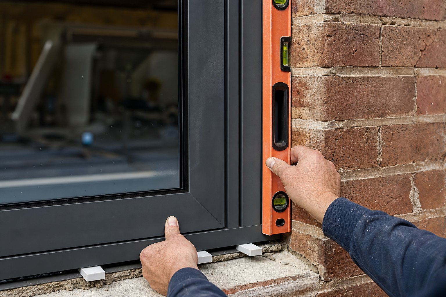 positioning an aluminium window frame in a brick opening using plastic packers to achieve plumb and level alignment
