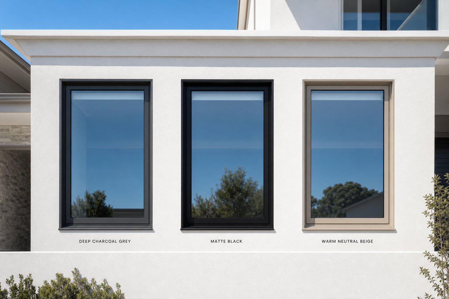 powder coated aluminium window frames in popular architectural colours against a contemporary australian facade