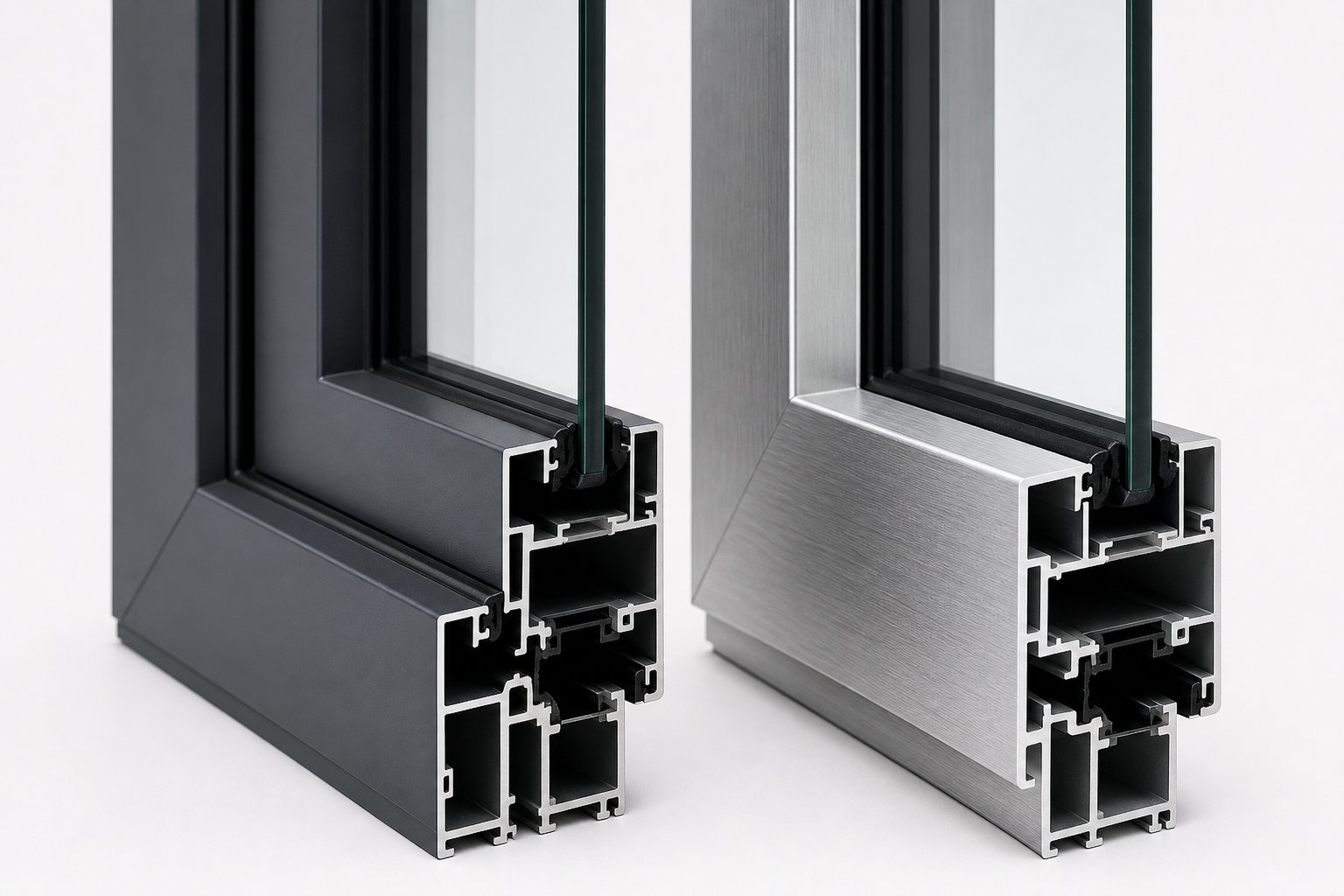powder coated versus anodised aluminium finishes showing the difference in surface texture and colour depth