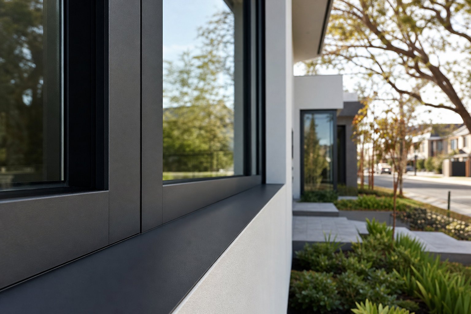 premium charcoal powdercoat finish on slim aluminium window frames complementing a modern rendered facade