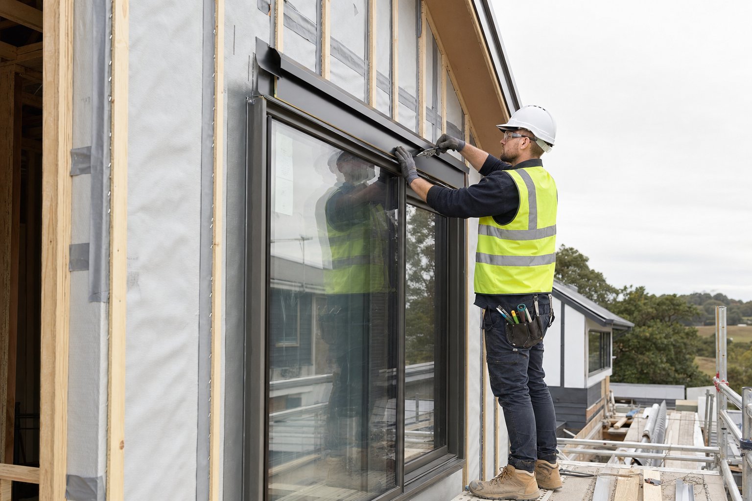 professional installation of aluminium head flashing above a window opening during new construction