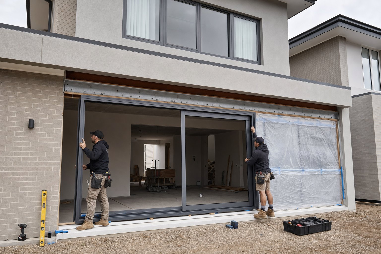 professional installation of aluminium sliding doors including structural lintel and frame fitting