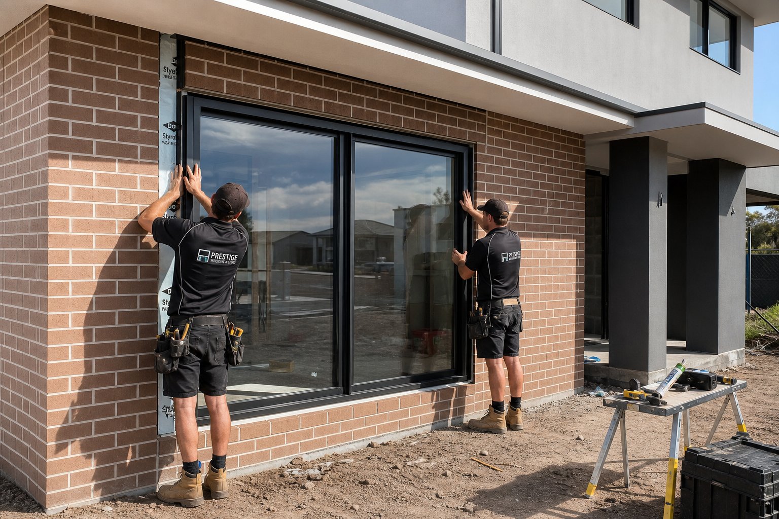 professional installation of aluminium sliding windows into a perth home during the construction phase