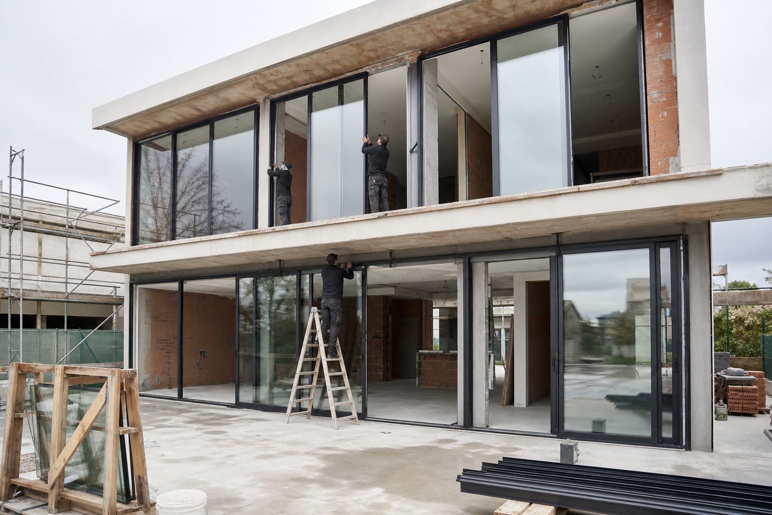 professional installation of aluminium windows on a modern residential project showing multiple frame configurations