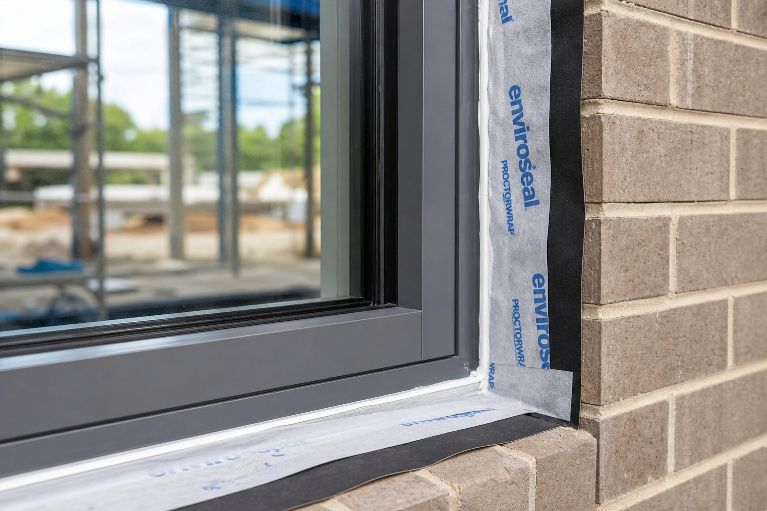 professional installation of an aluminium window frame with flashing tape and sealant for wet area waterproofing