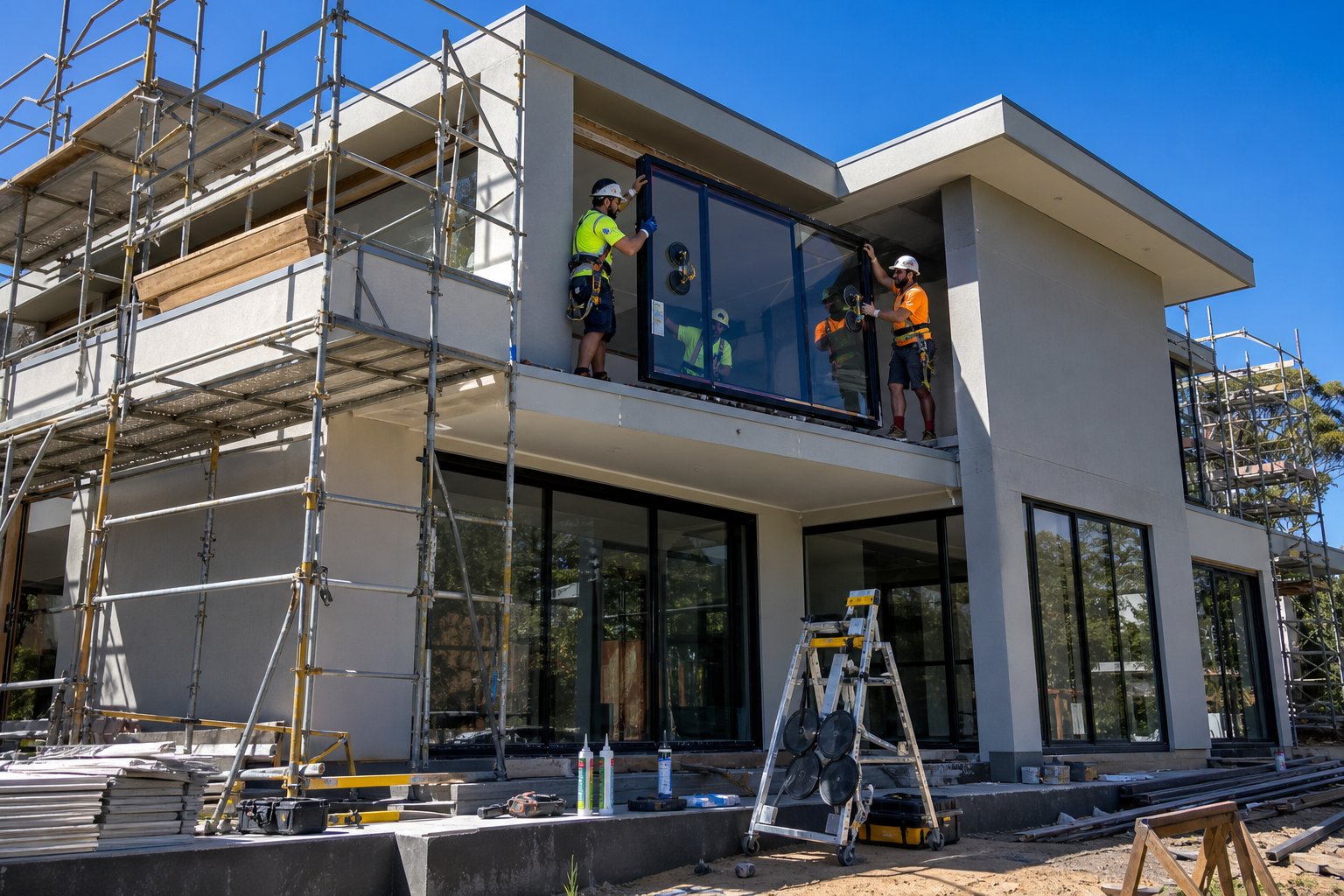 professional installation of thermally broken aluminium windows showing scaffolding and structural preparation required