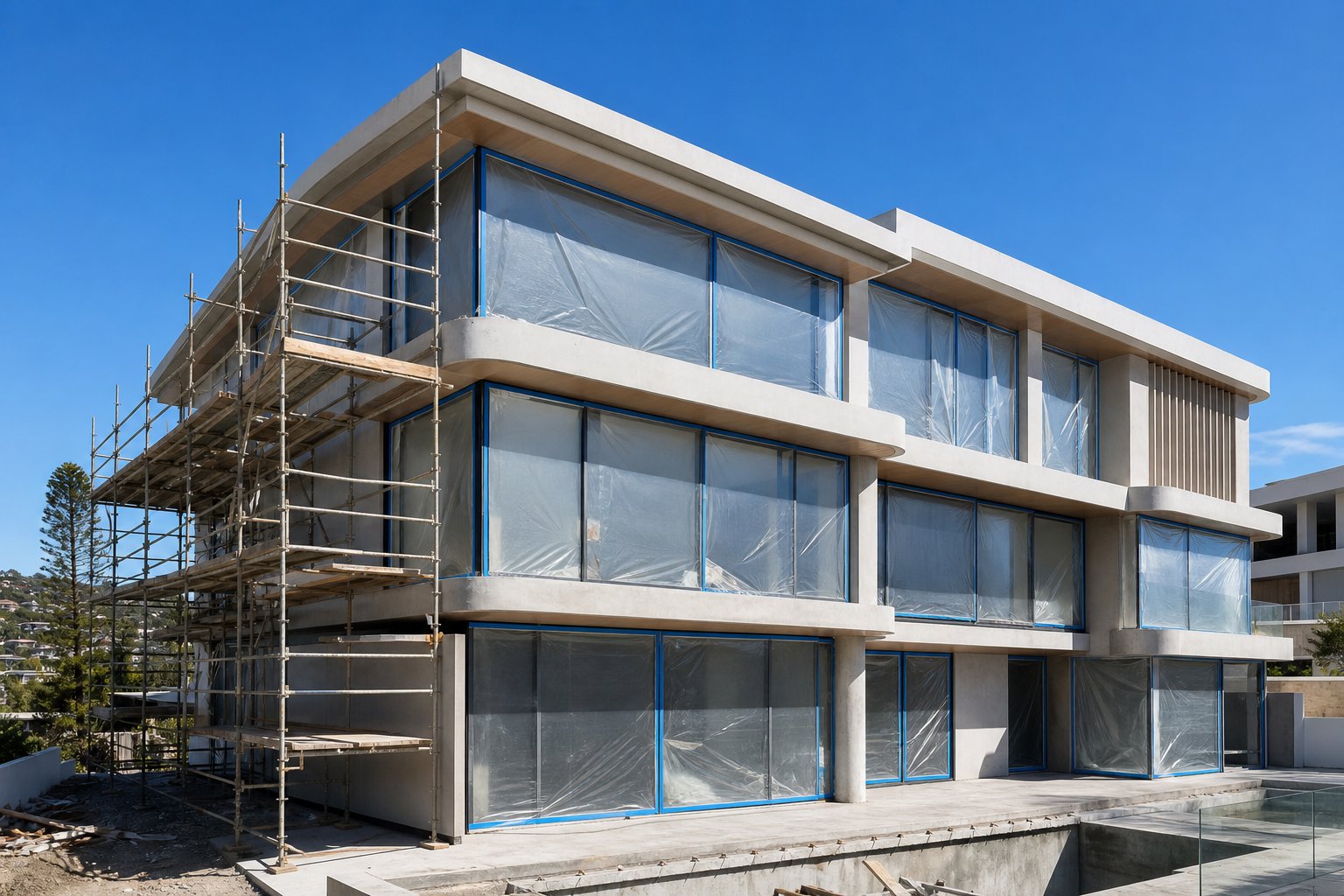 protective plastic sheeting and tape covering aluminium window frames during external construction work