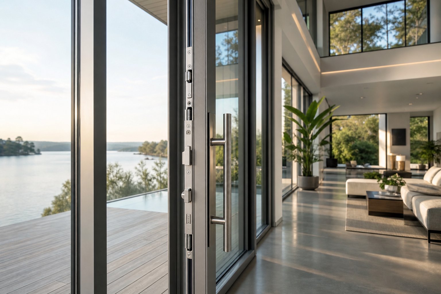 quality stainless steel hardware and multi point locking on premium aluminium sliding doors
