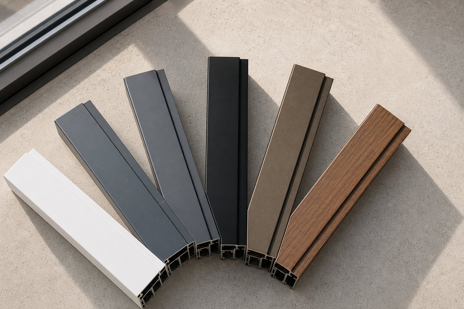 ral colour samples for powder coated aluminium windows ranging from standard whites and greys to premium woodgrain effects