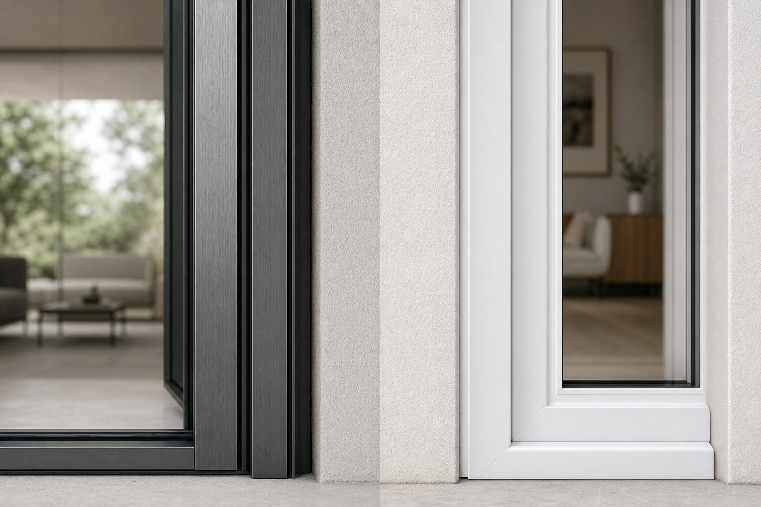slim aluminium door frame profile compared to a wider upvc frame highlighting the structural differences between materials