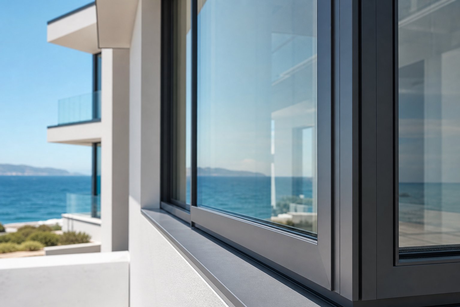 slim aluminium frame profiles enabling maximum glass area and unobstructed views in a coastal sliding window installation