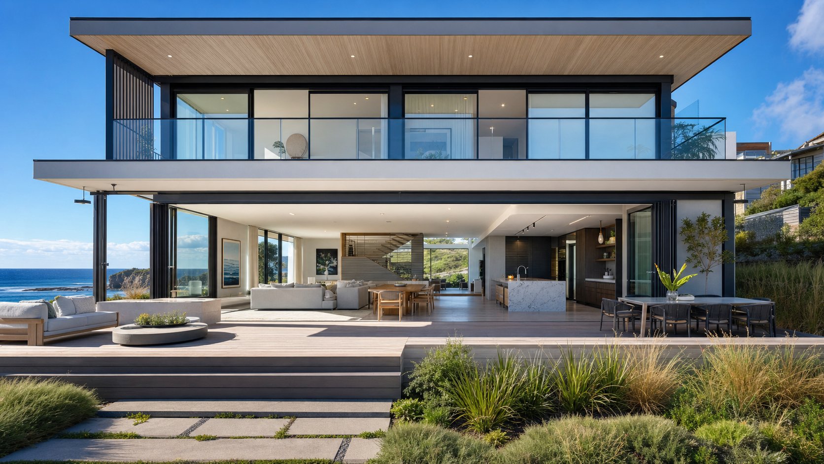 slim aluminium window frames maximise natural light and ocean views on a coastal sydney property