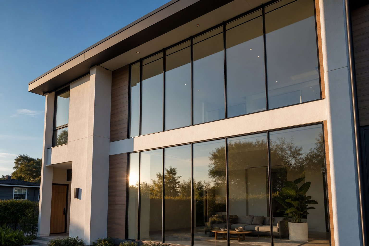 slim profile aluminium window frames with minimal sightlines maximising the glass area on a contemporary facade
