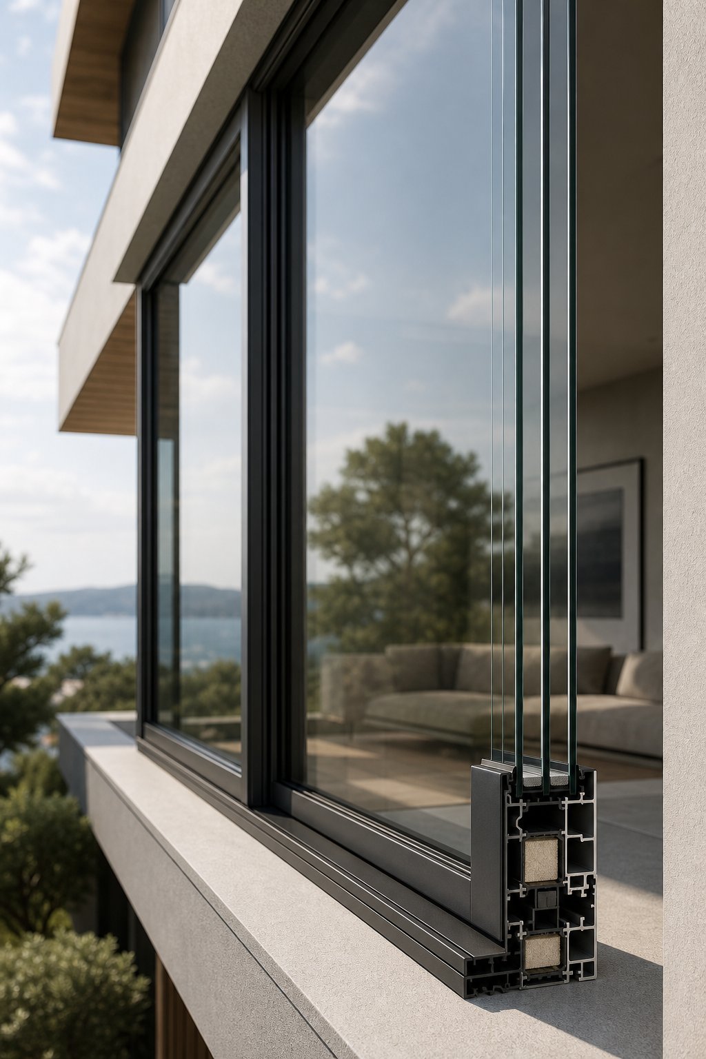 slim thermally broken aluminium window profile demonstrating the material's strength to weight advantage over bulkier frame alternatives