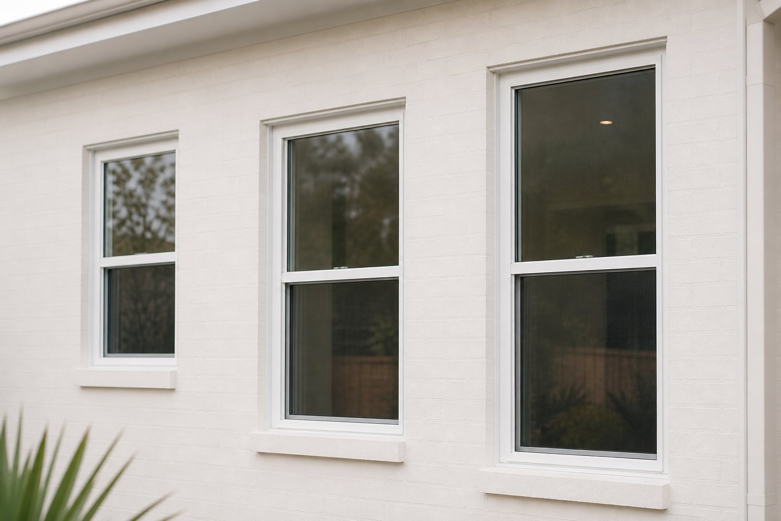 standard size double hung aluminium windows installed in a modern australian rendered facade showing slim frame profiles