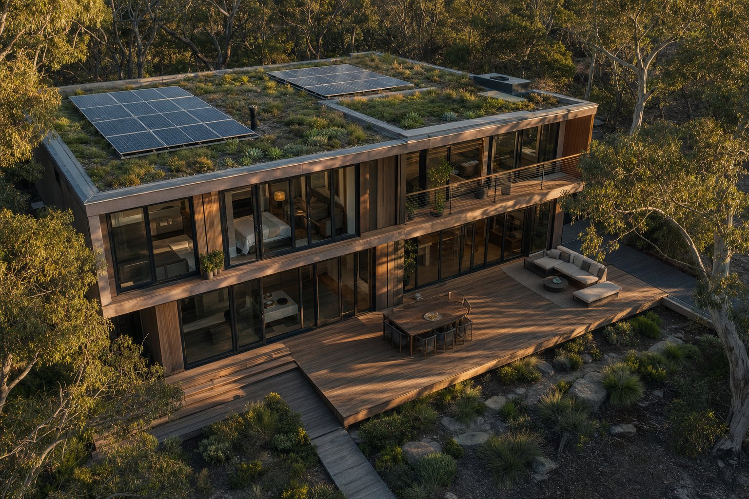 sustainable australian home design featuring recyclable aluminium window frames integrated with native landscaping