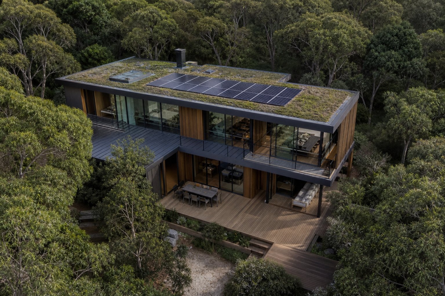 sustainable modern home integrating recyclable aluminium glazing systems within a natural australian landscape