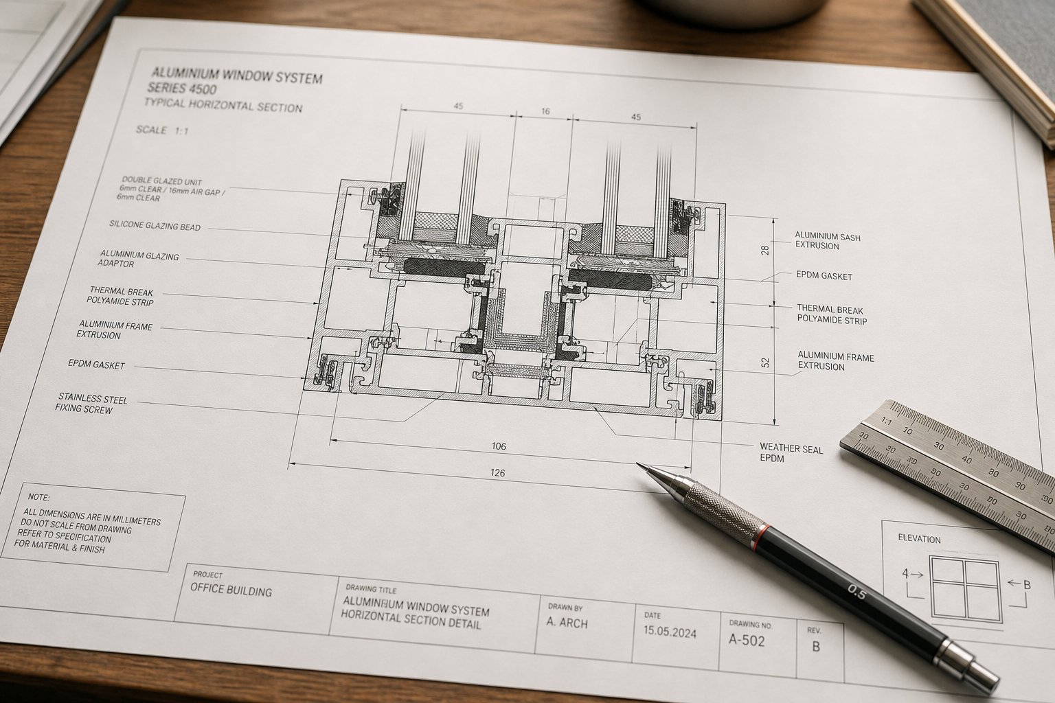 technical window section drawings use standardised hatching patterns to distinguish aluminium glass sealant and insulation materials