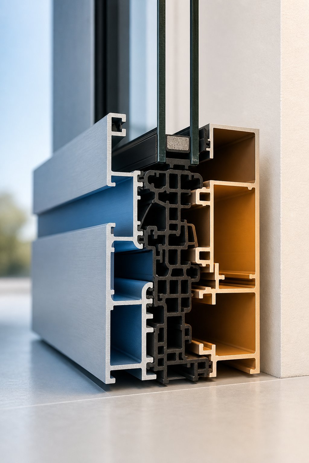 thermally broken aluminium door profile showing the polyamide barrier that separates interior and exterior temperatures