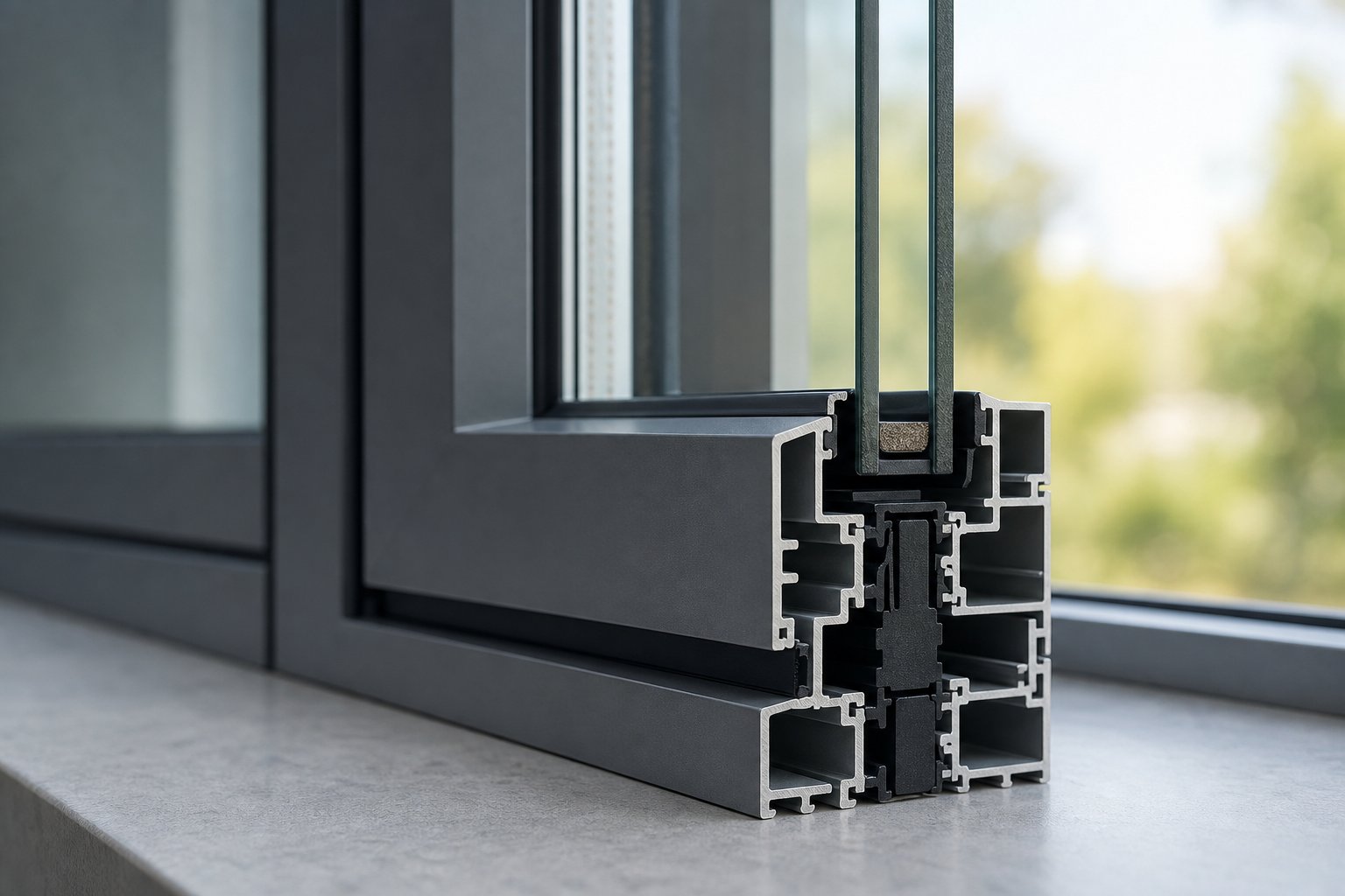 thermally broken aluminium sliding window profile showing the insulating barrier between interior and exterior faces