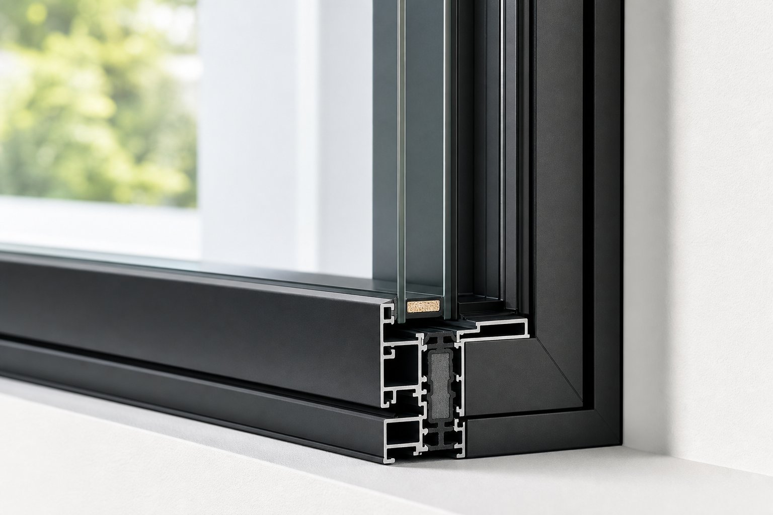 thermally broken aluminium window frame detail showing slim profile and precision engineering