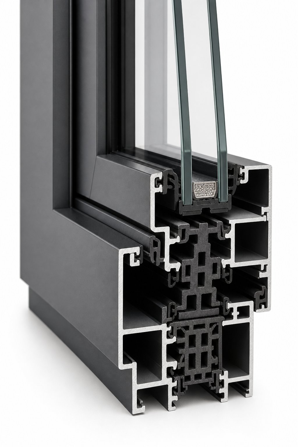 thermally broken aluminium window profile showing the polyamide insulating strip between inner and outer frame sections
