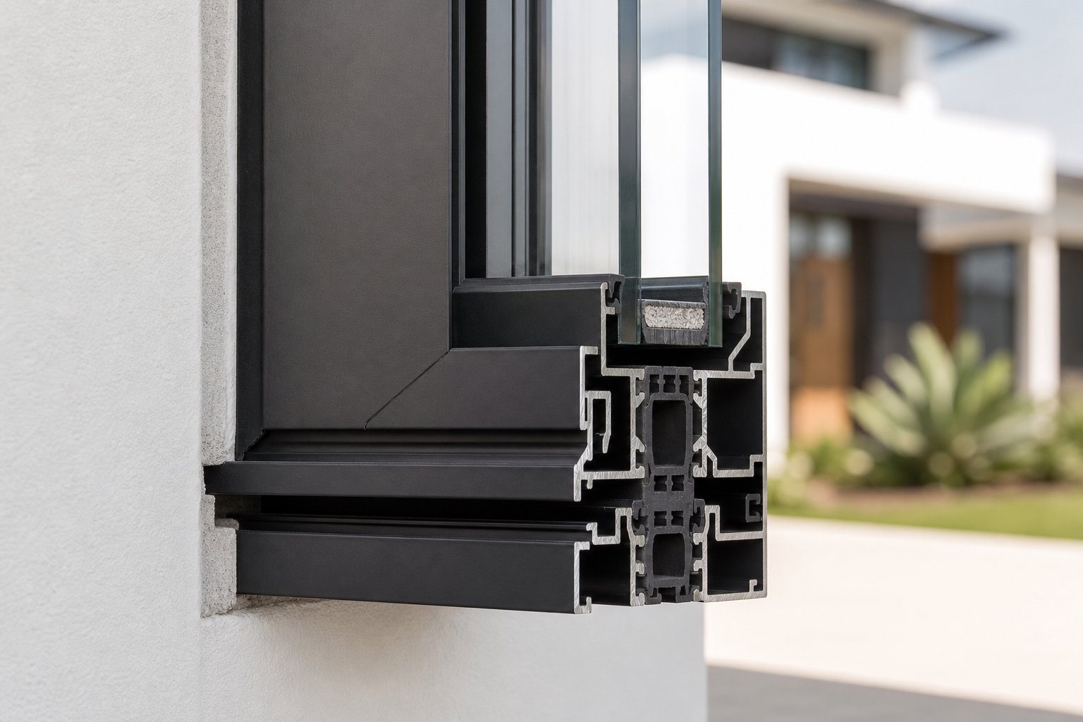 thermally broken aluminium window profile showing the polyamide strip that separates inner and outer frames