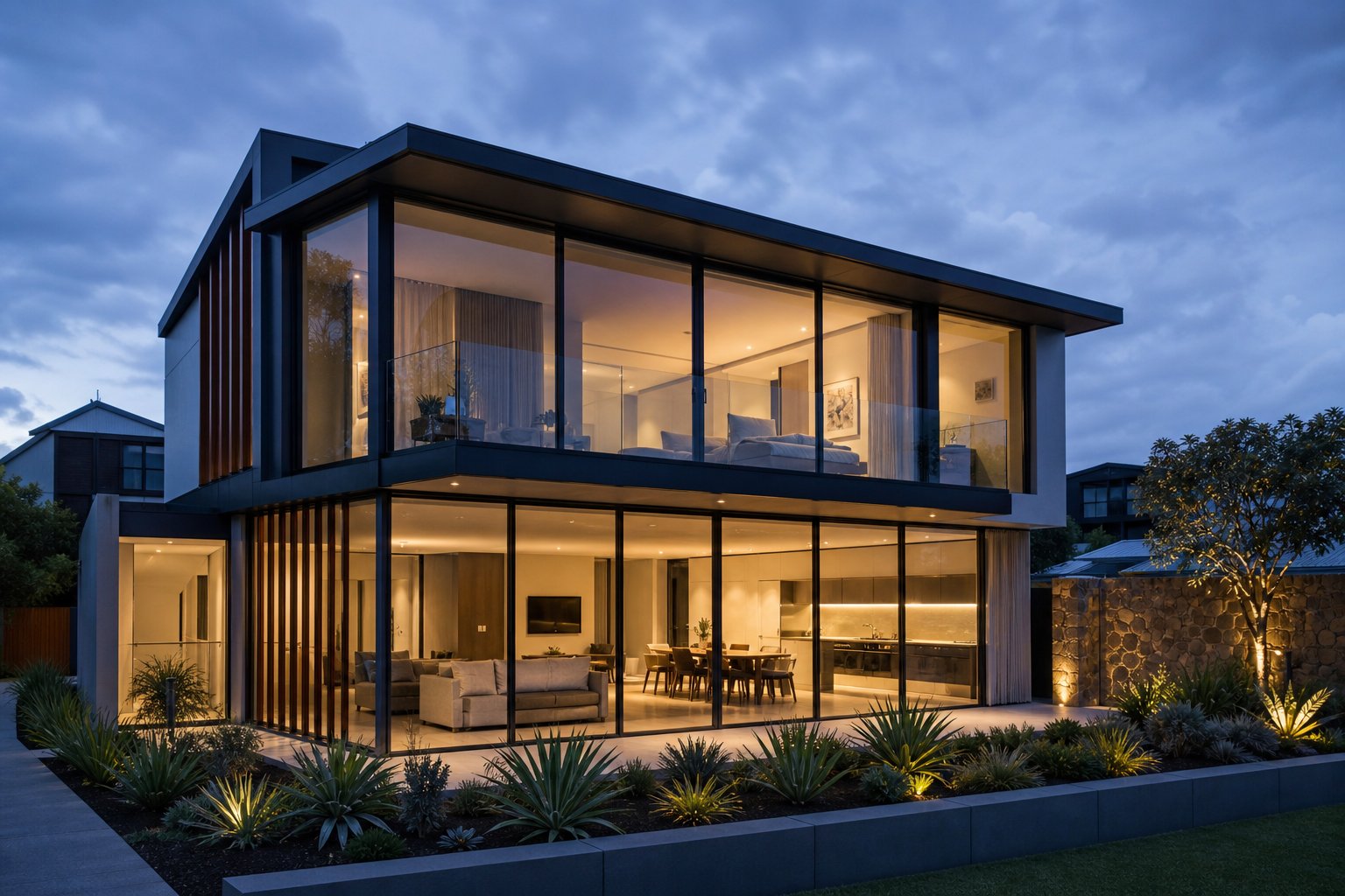 thermally broken blue aluminium window frames on a modern home demonstrating slim profiles and expansive glazing at dusk