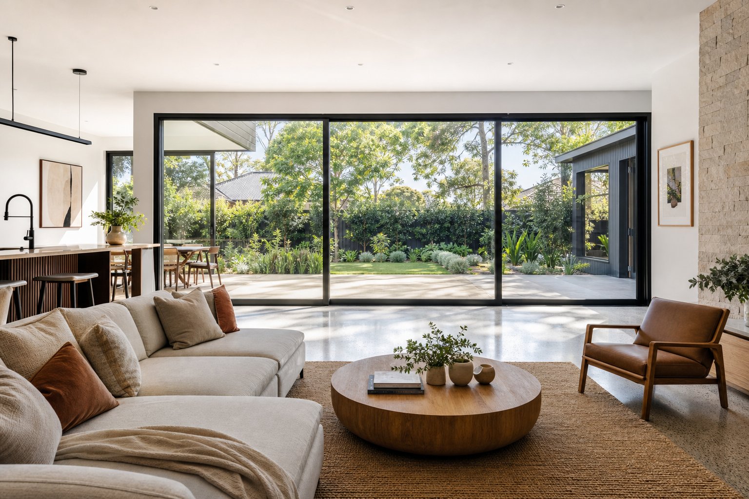 three panel aluminium sliding window in a living room providing generous natural light and garden views