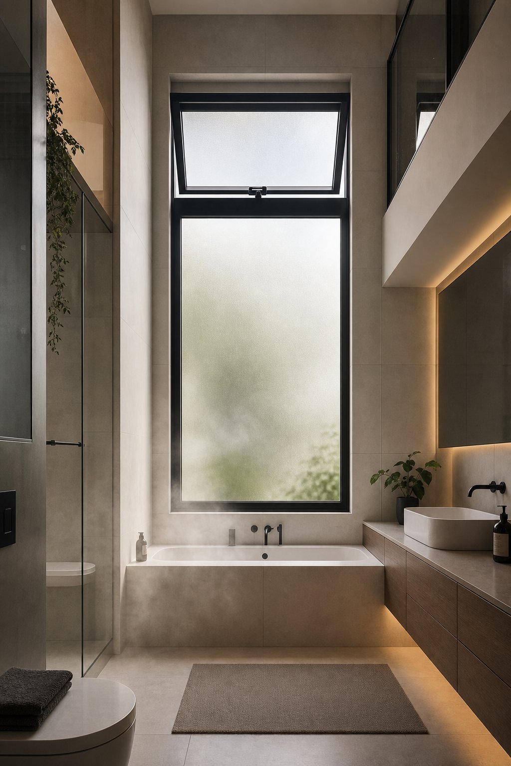 tilt and turn frosted aluminium window providing ventilation and privacy simultaneously in a contemporary bathroom