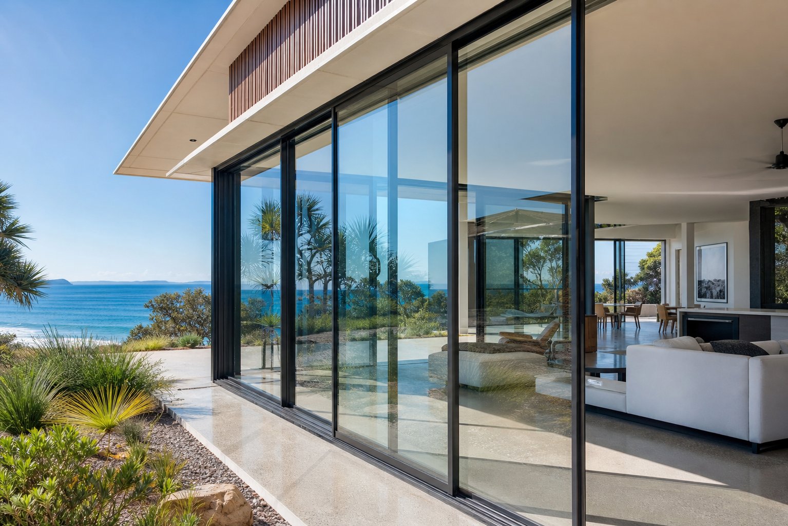 ultra slim aluminium door profiles maximising glass area and natural light in a coastal australian home