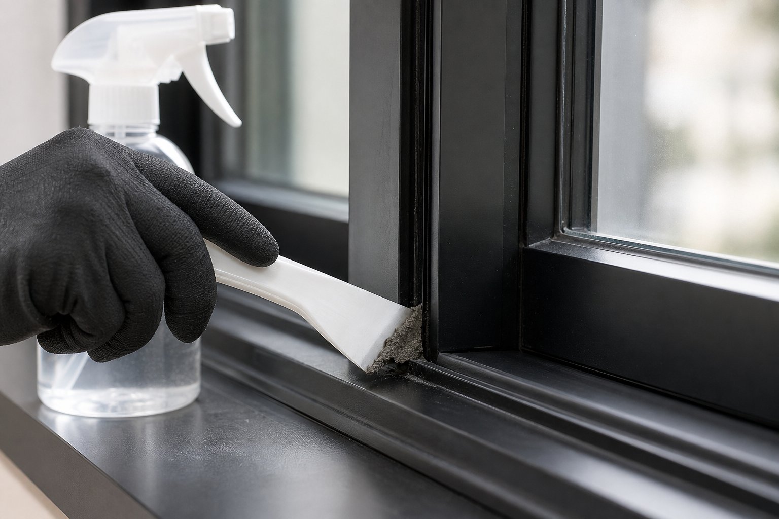using a plastic scraper at a shallow angle to safely lift fresh cement from an aluminium window frame