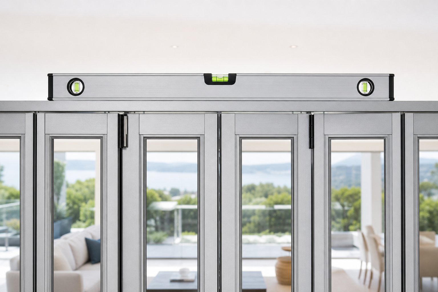 using a spirit level to verify aluminium bifold door panels are correctly aligned after adjustment