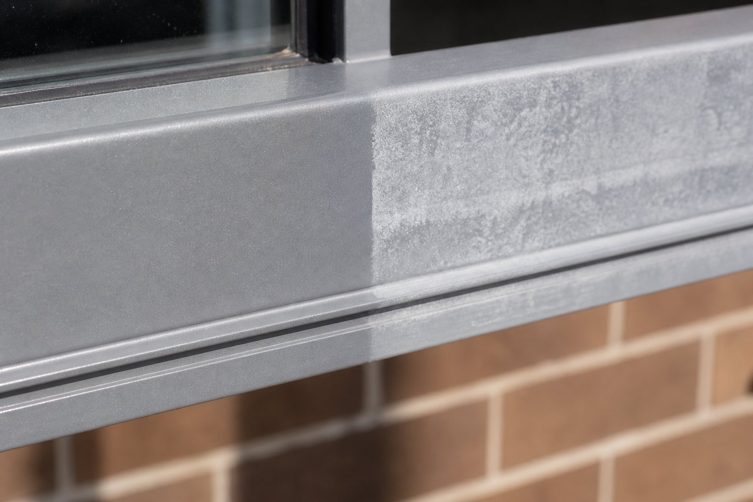 uv degradation and oxidation causing visible chalking and colour loss on an aluminium window frame