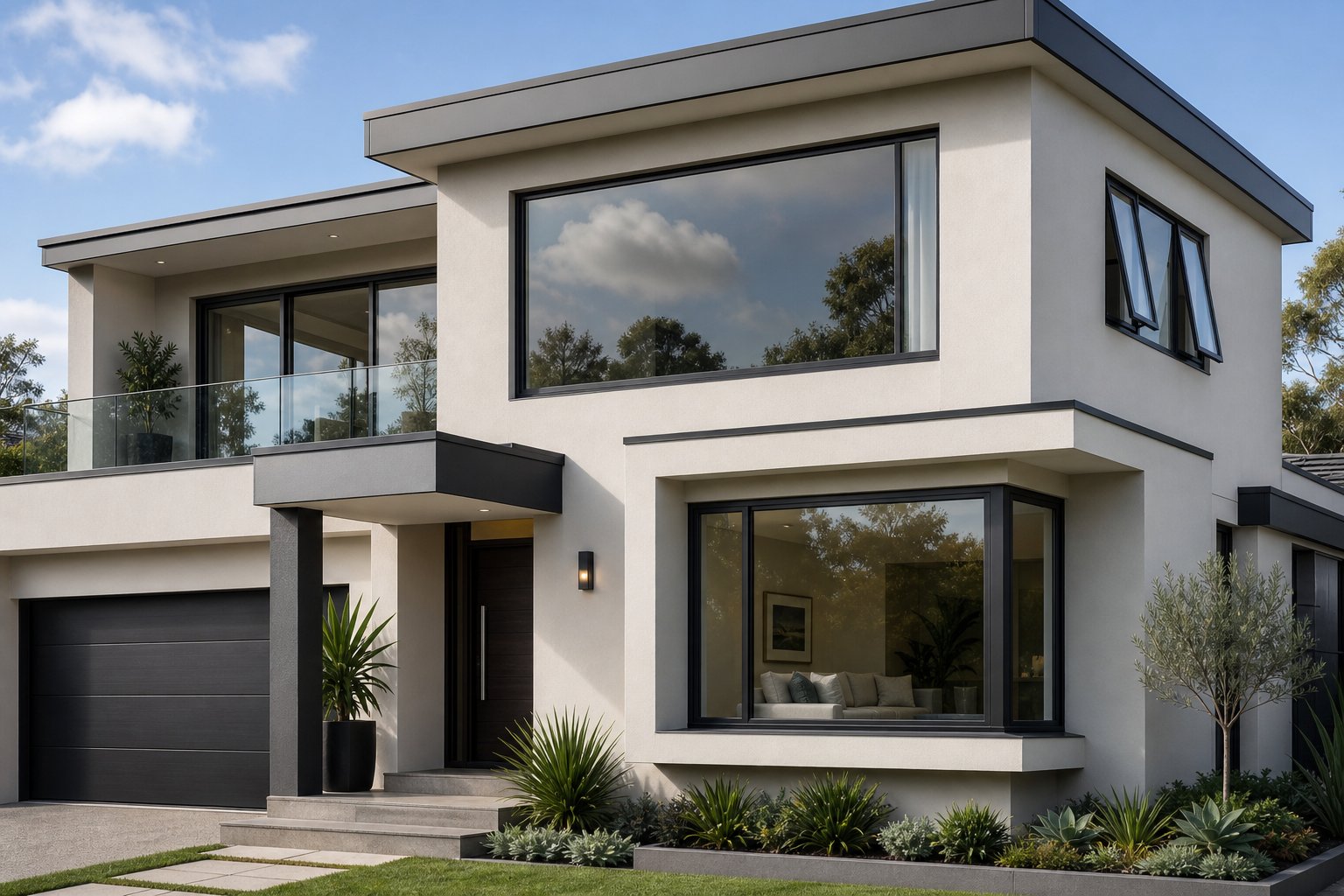 various aluminium window styles including fixed sliding casement and bay configurations on a modern australian home