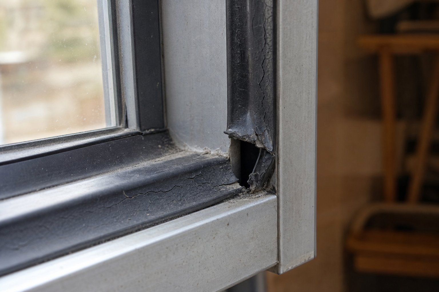 visible seal degradation at an aluminium window corner showing shrinkage and surface cracking that indicates replacement is needed