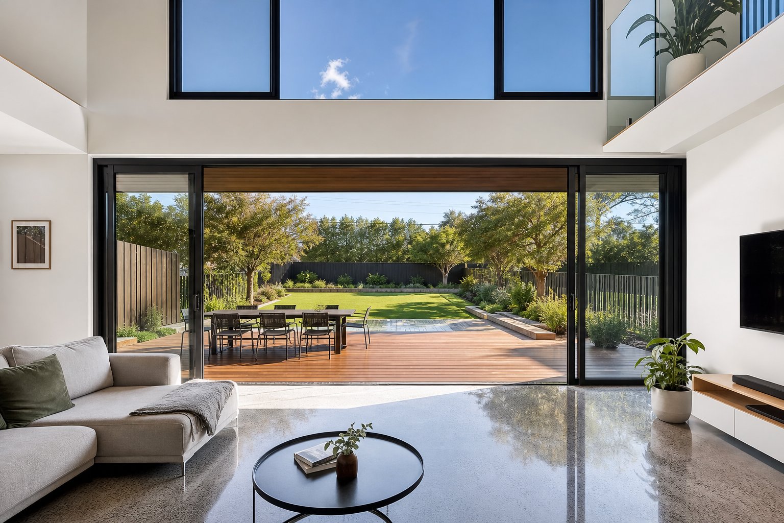 wide three track aluminium sliding window system opening a modern living room to an outdoor deck area