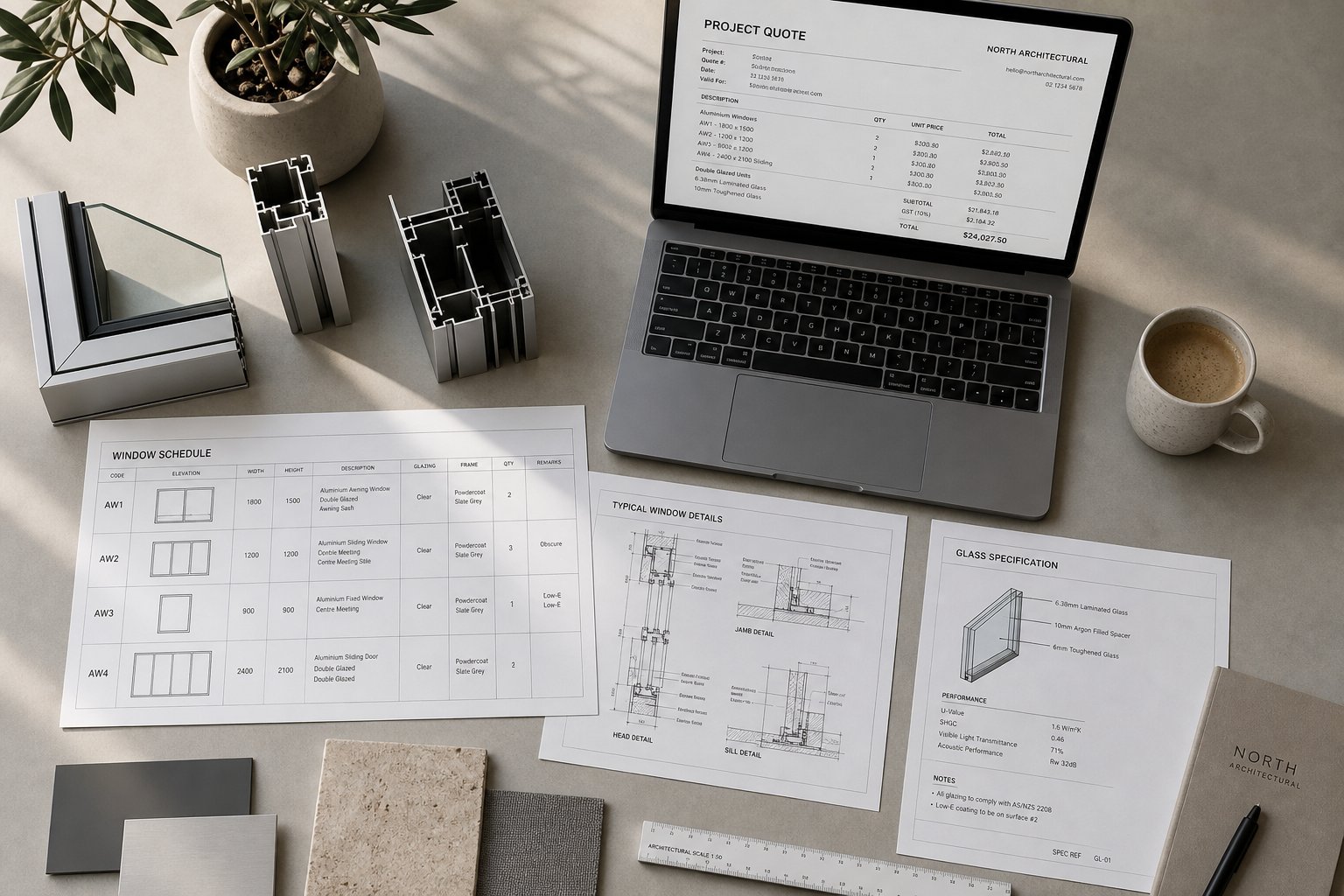window schedule documents and aluminium profile samples laid out during the project quoting and specification process