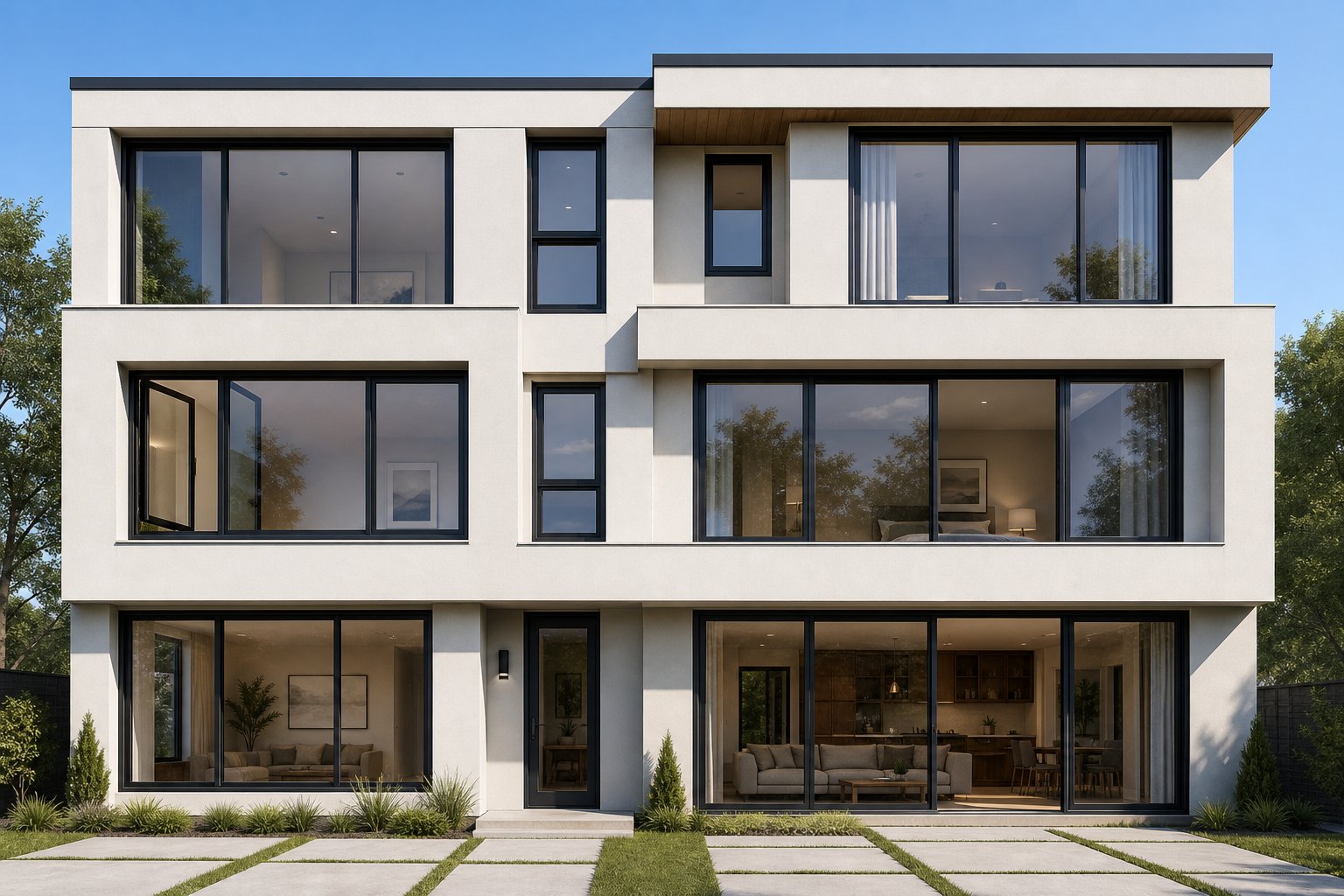 a contemporary facade displaying various aluminium window configurations that influence overall project pricing
