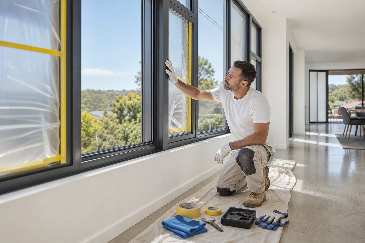 a professional contractor assessing aluminium window frames during a planned refurbishment project