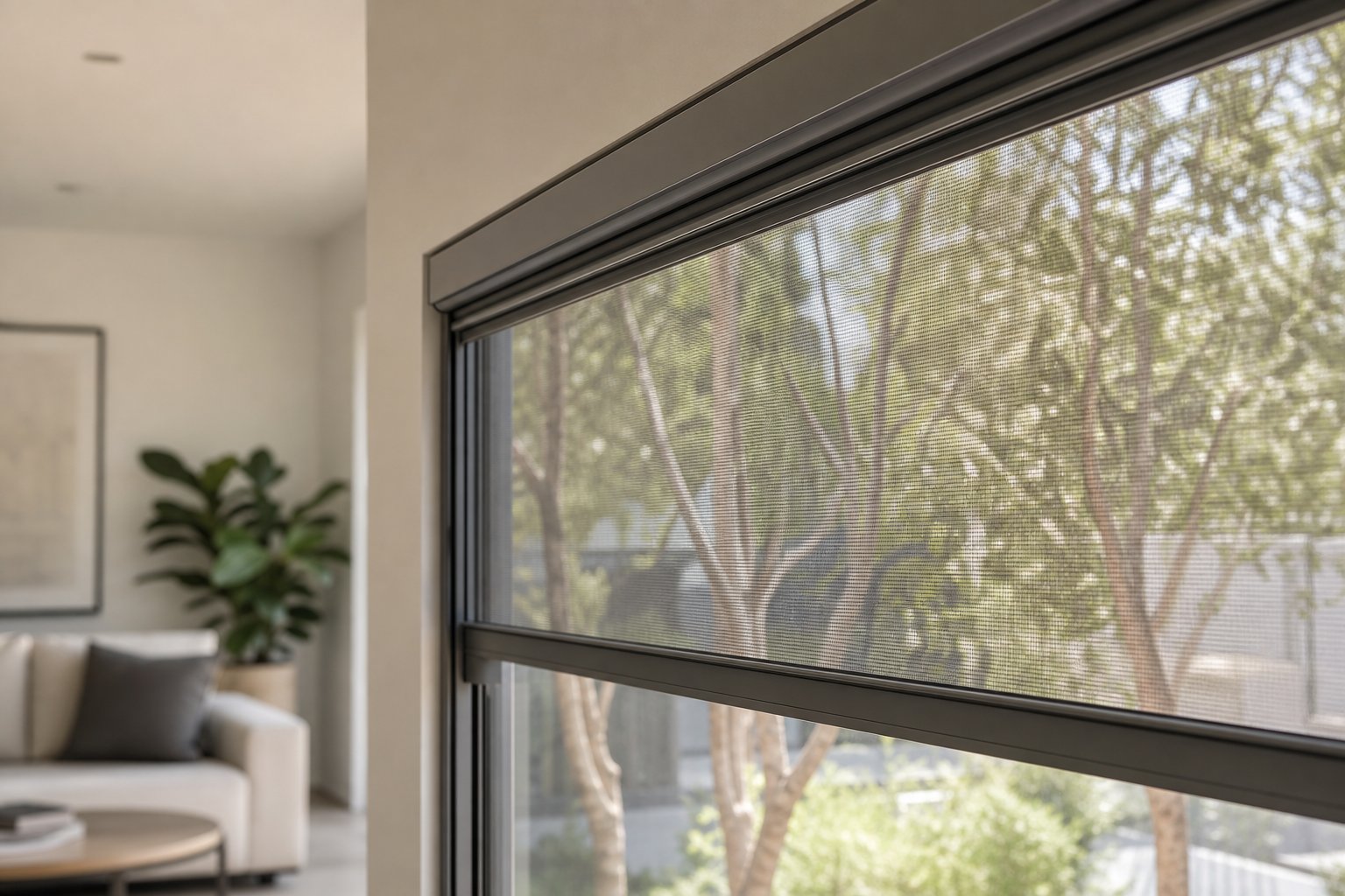 a retractable roller fly screen integrated into a slim aluminium casement window frame preserving clean sightlines when not in use