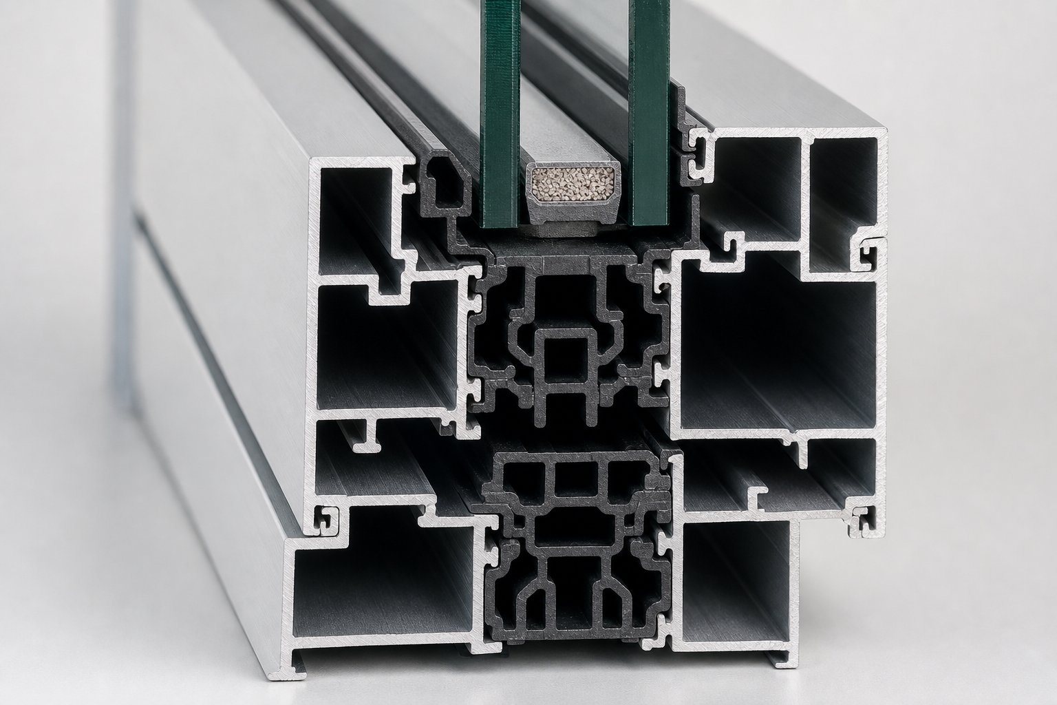 a thermally broken aluminium profile cross section showing the polyamide strip separating interior and exterior sections