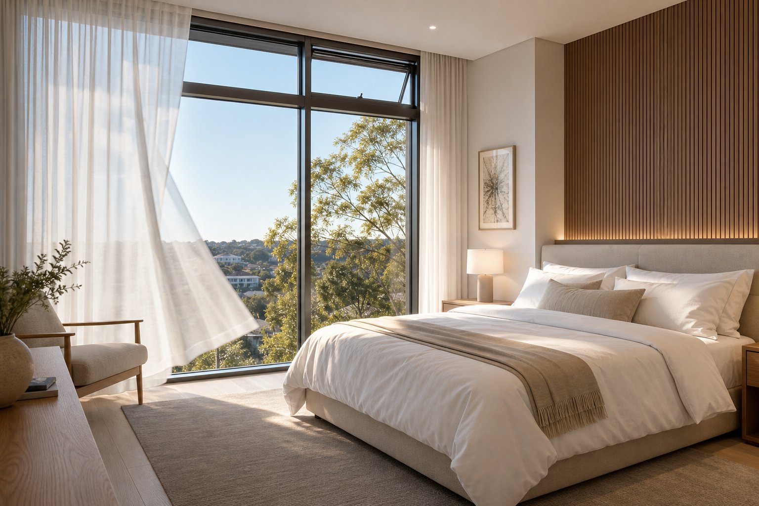 a well ventilated modern bedroom with aluminium framed windows featuring open trickle vents to manage overnight humidity buildup