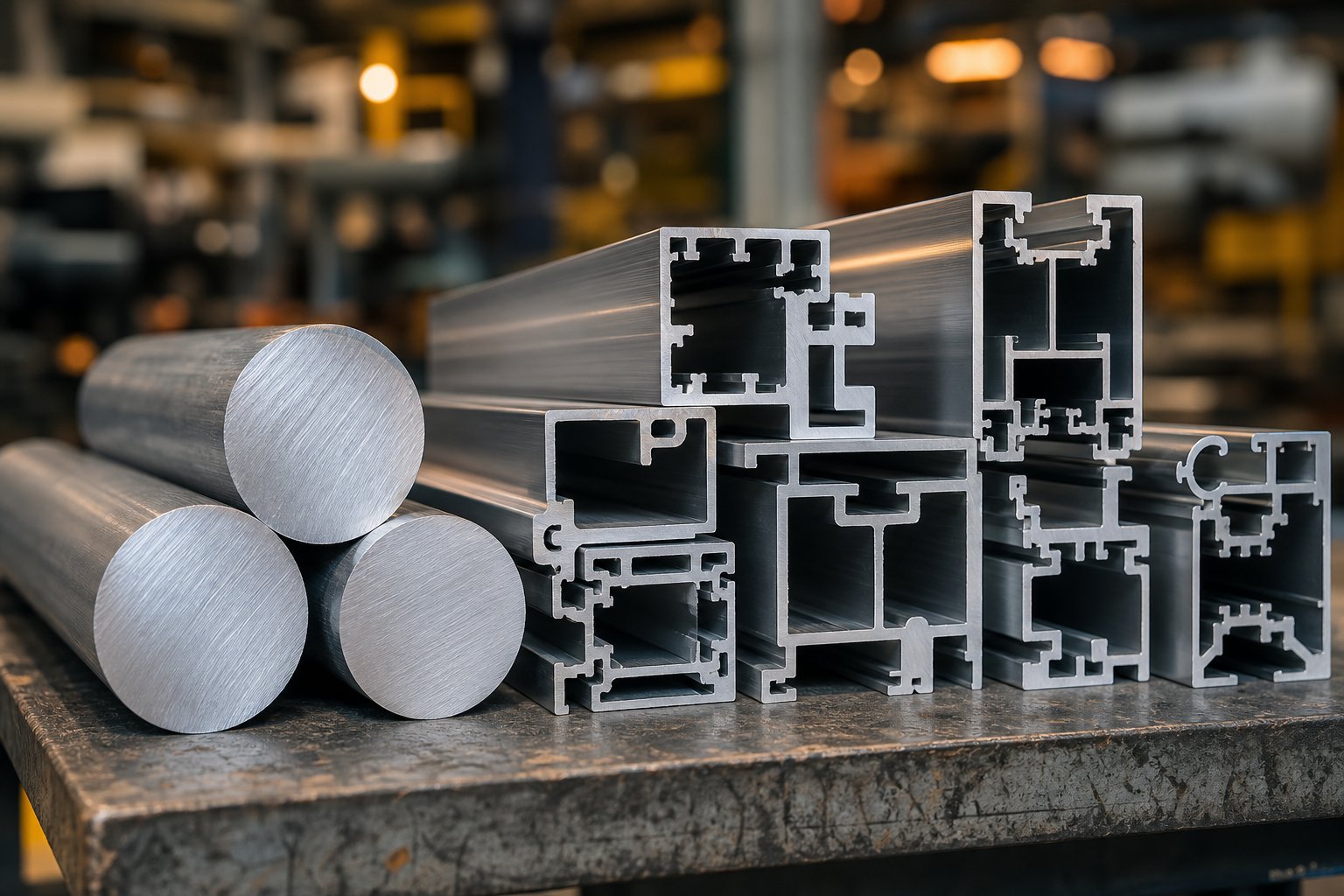 aluminium alloy billets and extruded window profiles ready for fabrication