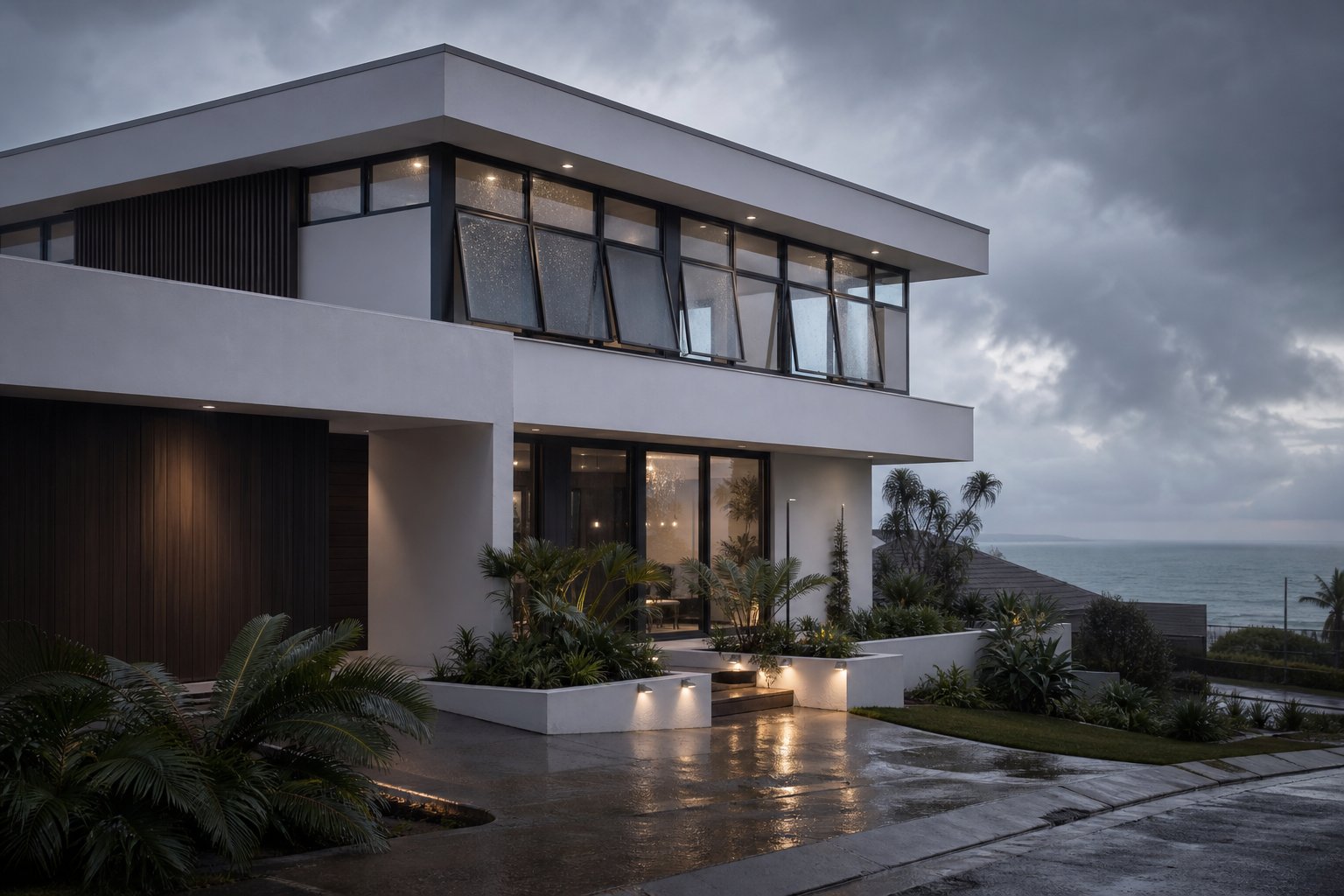 aluminium awning windows performing in coastal weather conditions with sashes open during rain