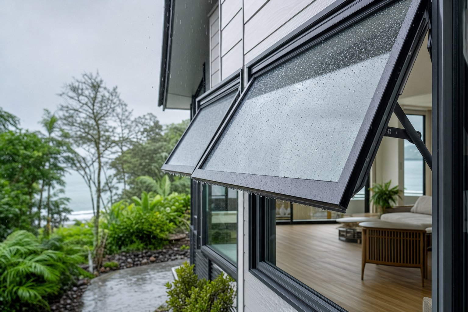 aluminium awning windows providing ventilation during rain alongside fixed panels maximising natural light