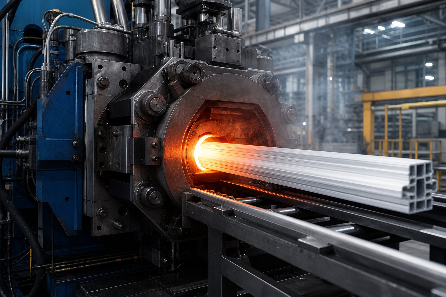 aluminium billets are heated and forced through precision dies to create complex multi chamber window profiles