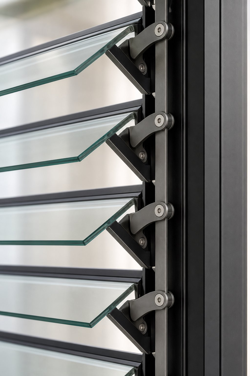 aluminium louvre window mechanism showing glass blades carriers and linking bar working together for unified blade control