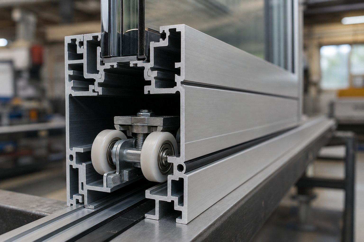 aluminium sliding window profile and roller assembly during professional fabrication